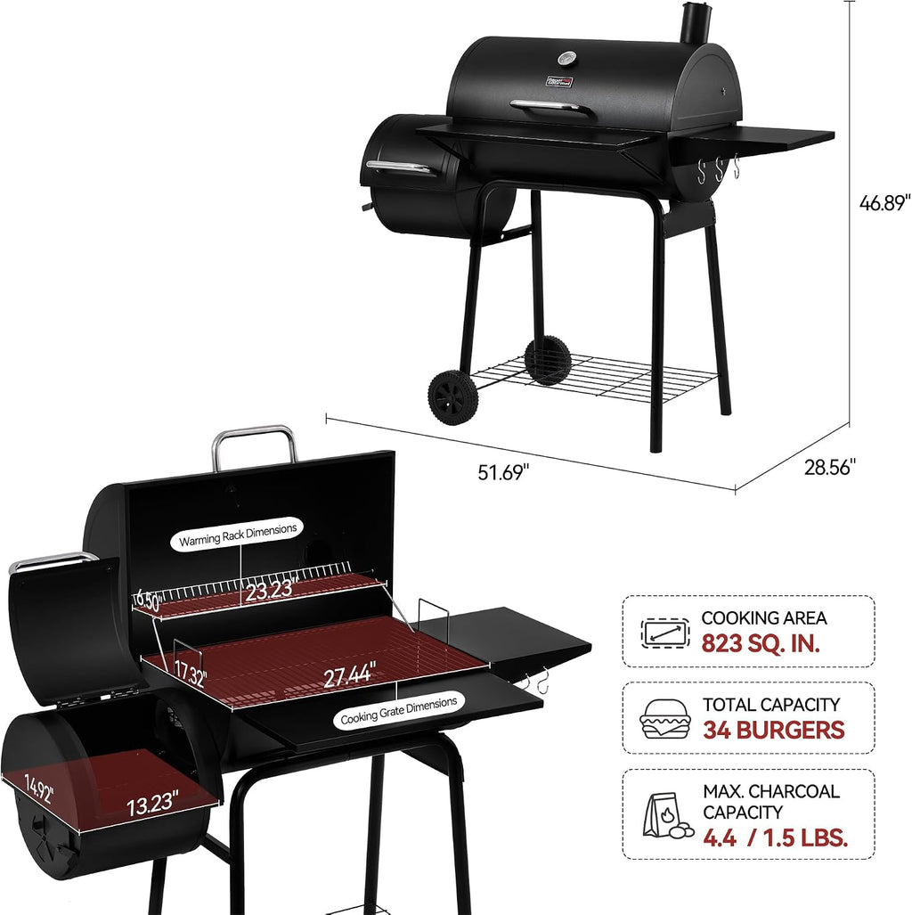 Charcoal Grill with Offset Smoker Large Cooking Area