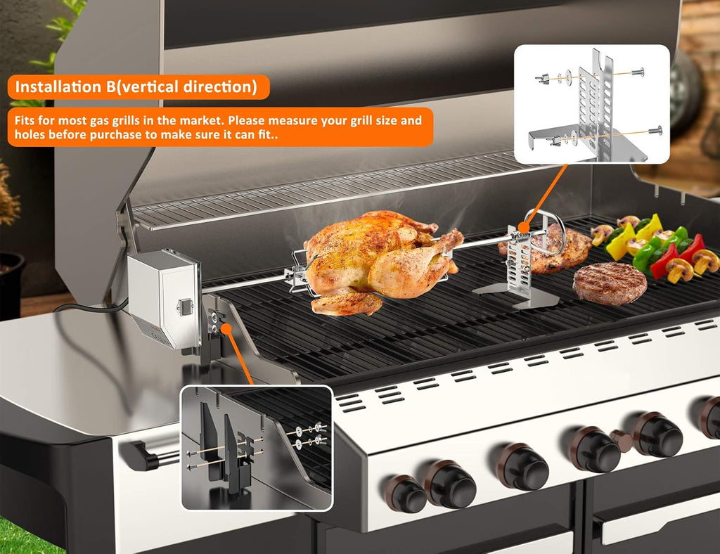 Stainless Steel Rotisserie Kit with Electric Motor Spit Rod