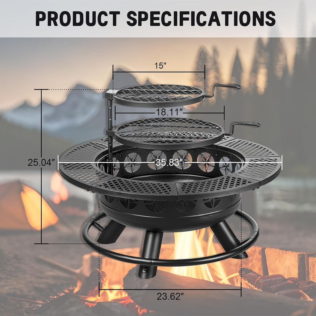 36 Inch 3-in-1 Wood Fire Pit with Cooking Grills