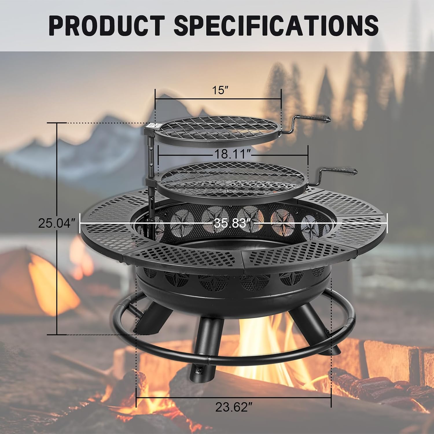 36 Inch 3-in-1 Wood Fire Pit with Cooking Grills