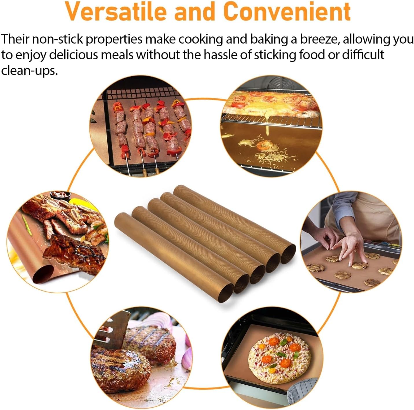 Set of 5 Copper Nonstick PFOA-Free BBQ Grill Mats
