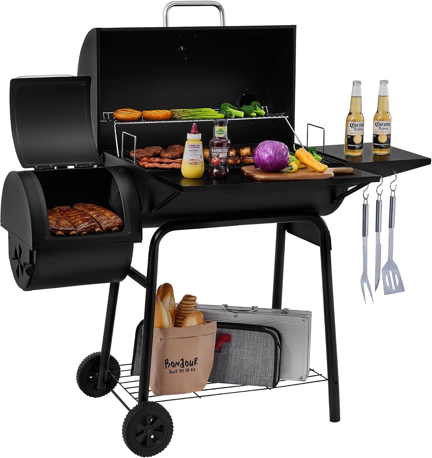 Charcoal Grill with Offset Smoker Large Cooking Area