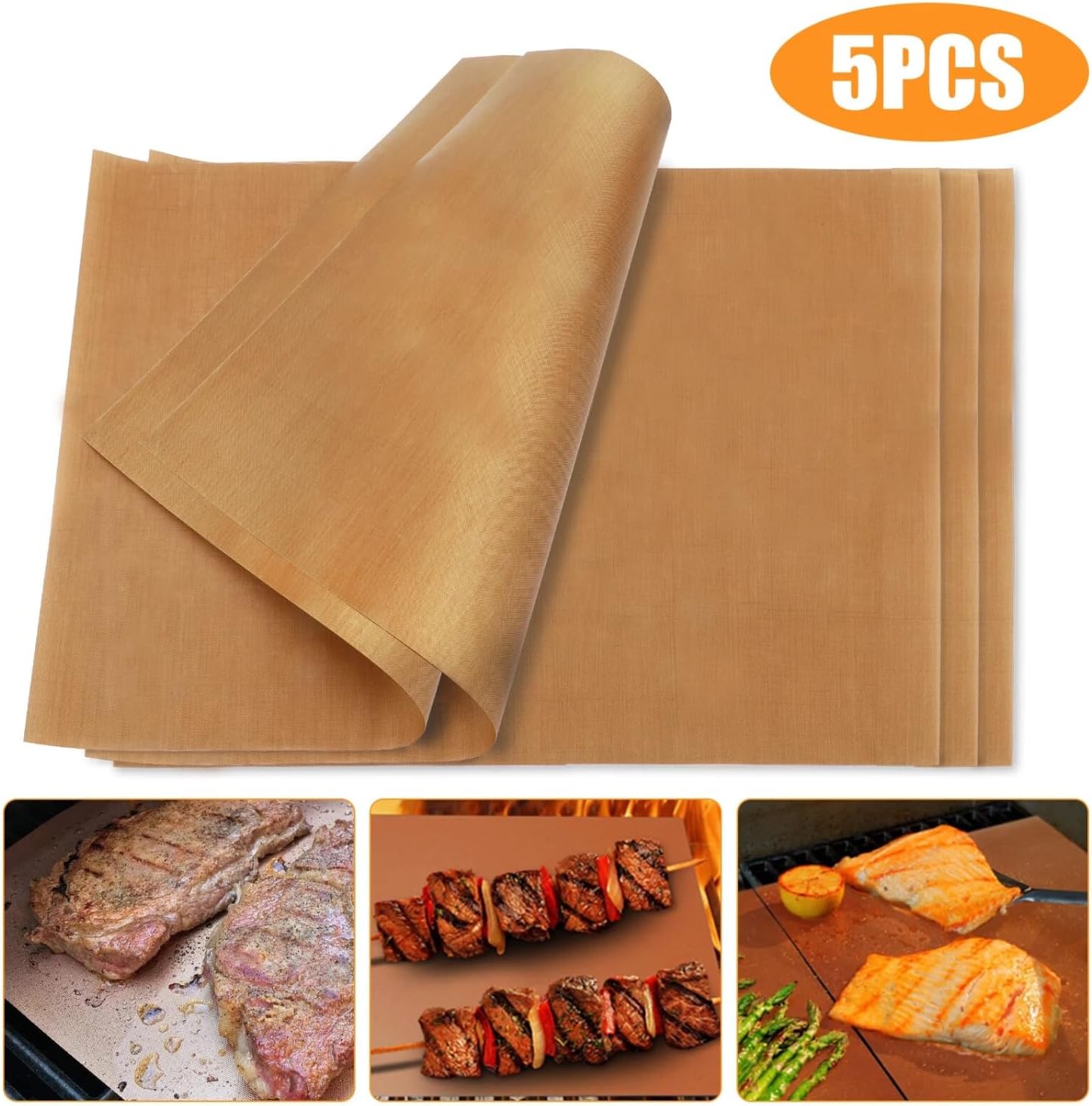 Set of 5 Copper Nonstick PFOA-Free BBQ Grill Mats