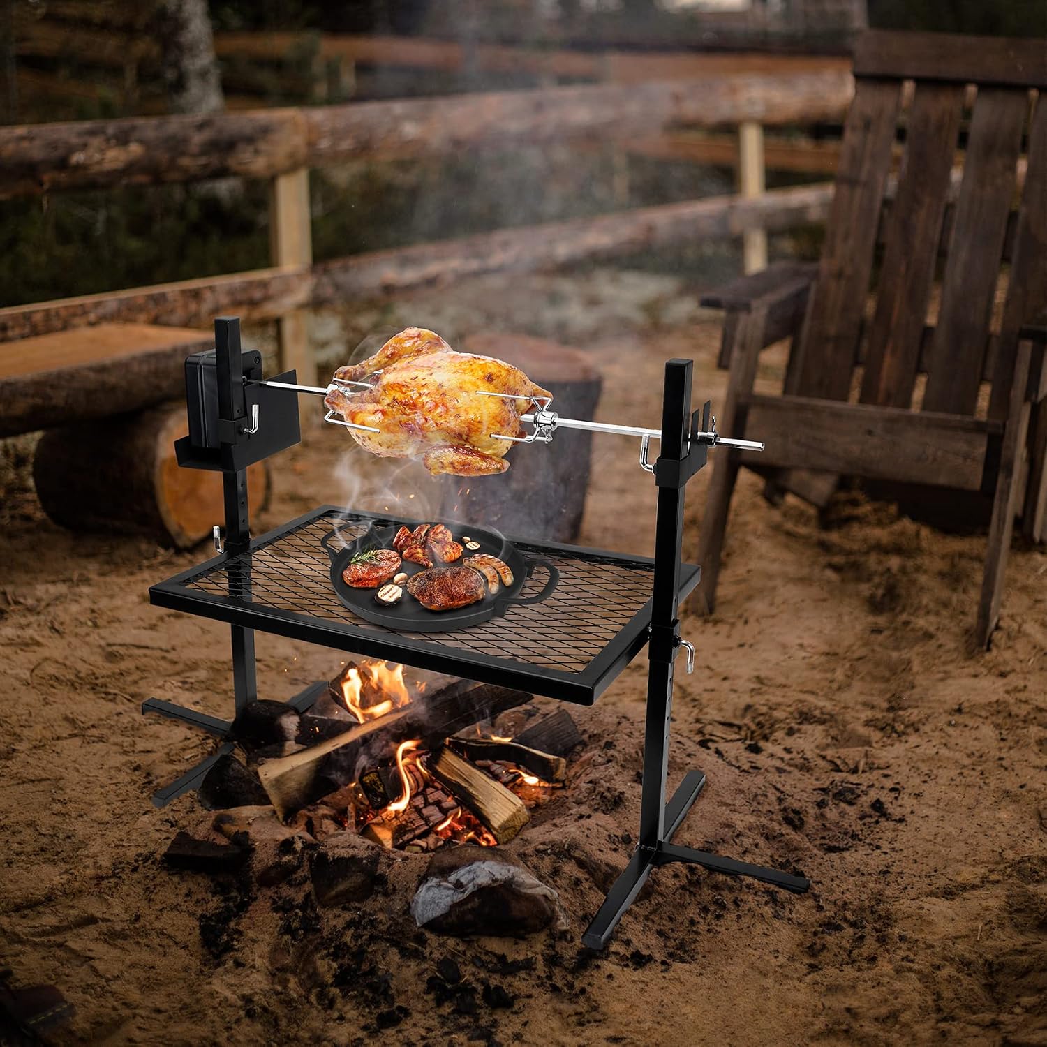 Adjustable Rotisserie Grill Kit with Motor Spit Rod
