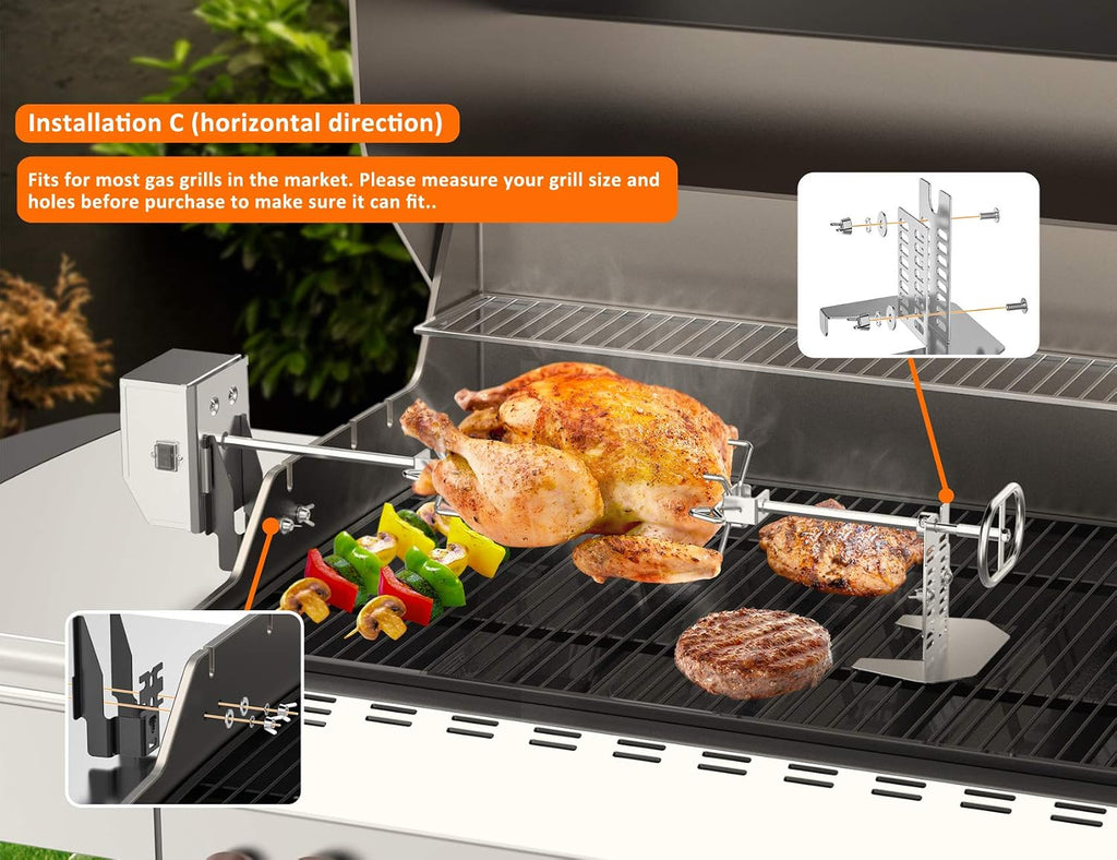 Stainless Steel Rotisserie Kit with Electric Motor Spit Rod