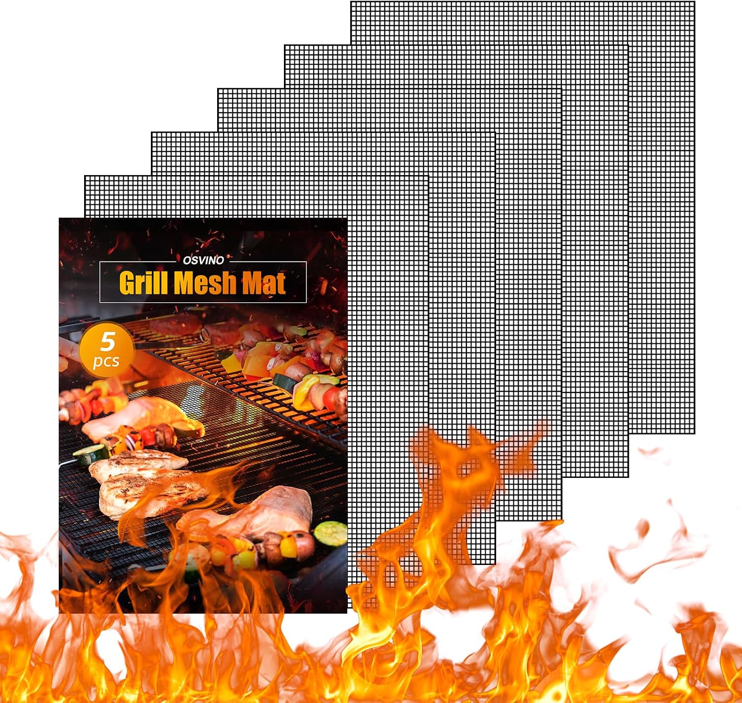 5 Pack Black Nonstick Mesh BBQ Mats 16x12 Inch