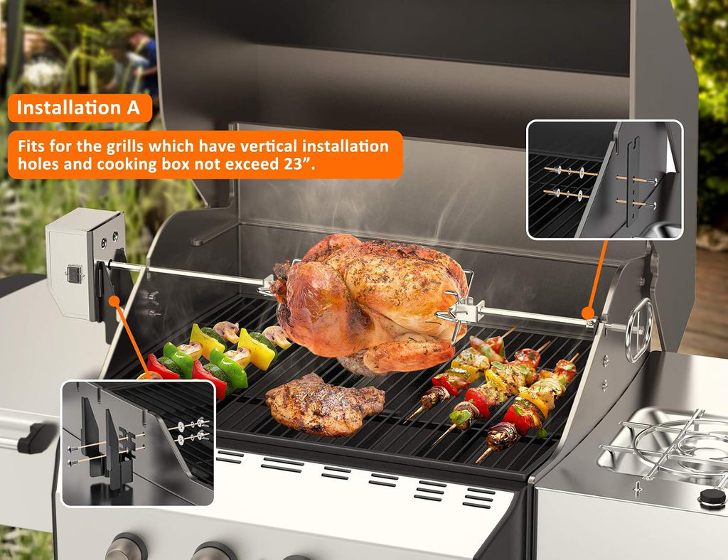 Stainless Steel Rotisserie Kit with Electric Motor Spit Rod