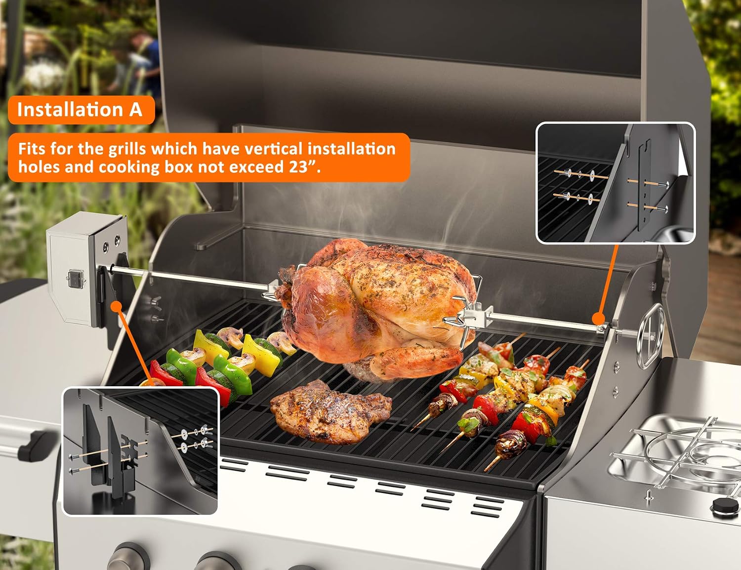 Stainless Steel Rotisserie Kit with Electric Motor Spit Rod