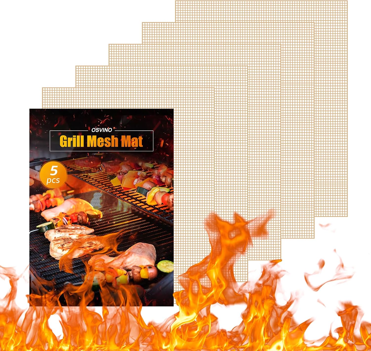 5 Pack Beige Nonstick Mesh BBQ Grill Mats 16x12 Inch
