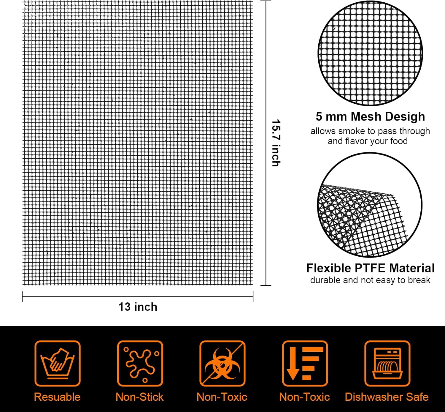 5 Pack Black Mesh Grill Mats 15.75x13 Inch
