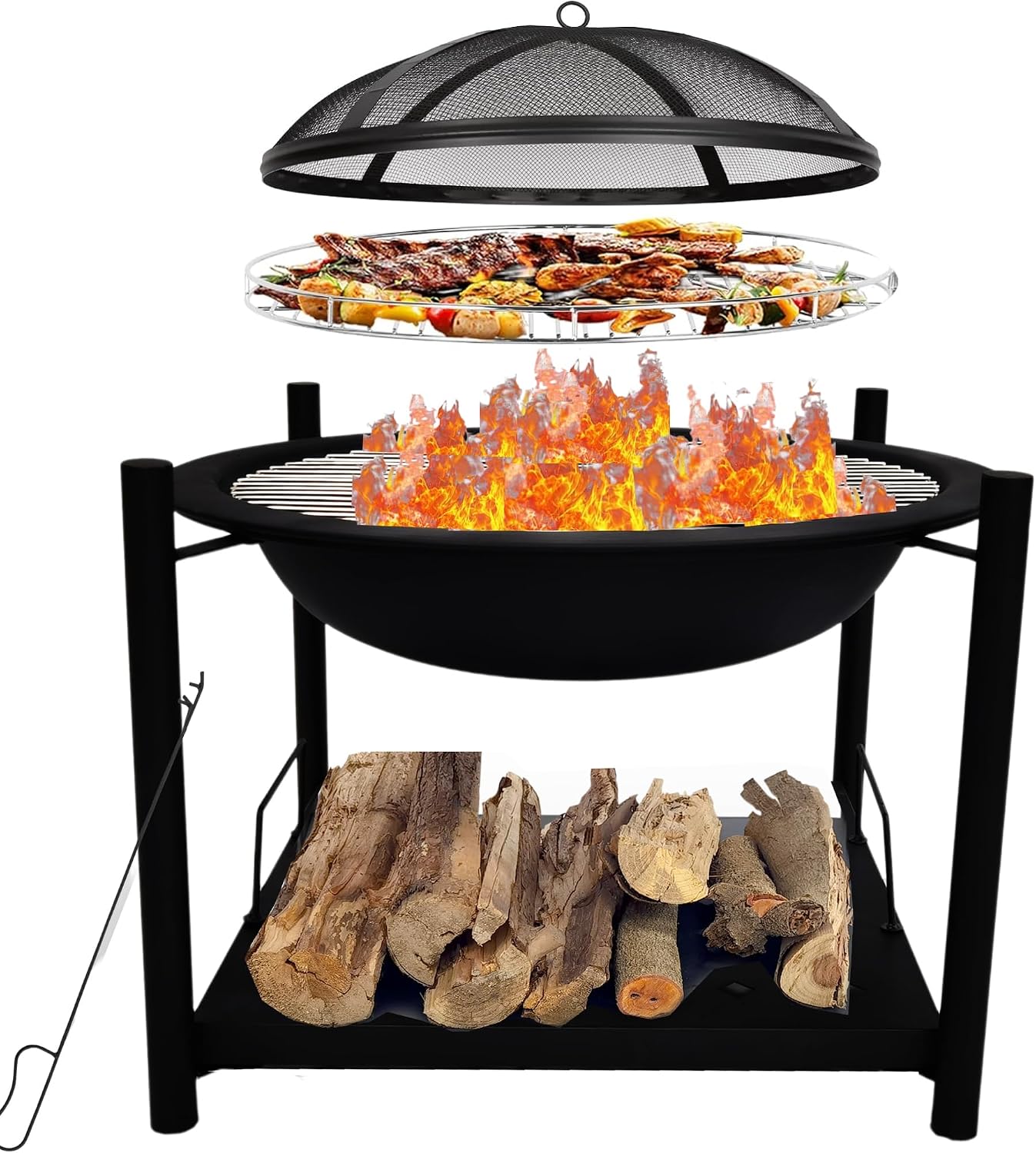 26 Inch 2-in-1 Steel Wood Fire Pit BBQ Grill