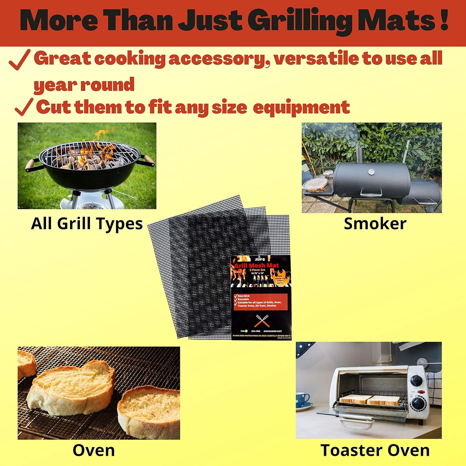 3 Pack Heat Resistant Nonstick BBQ Mesh Grill Mats
