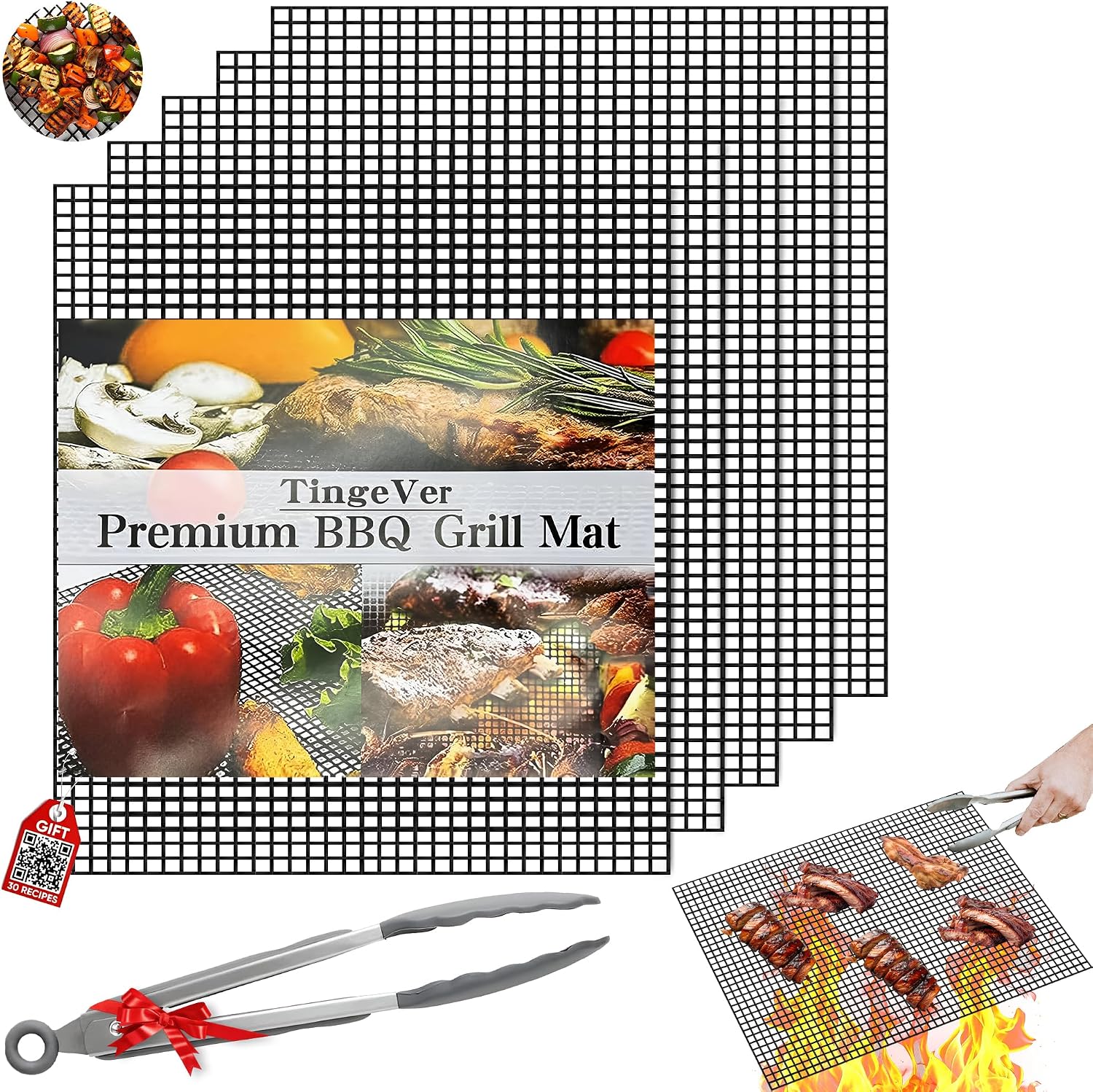 3 Pack Mesh Grill Mats With Tong And Recipe Guide