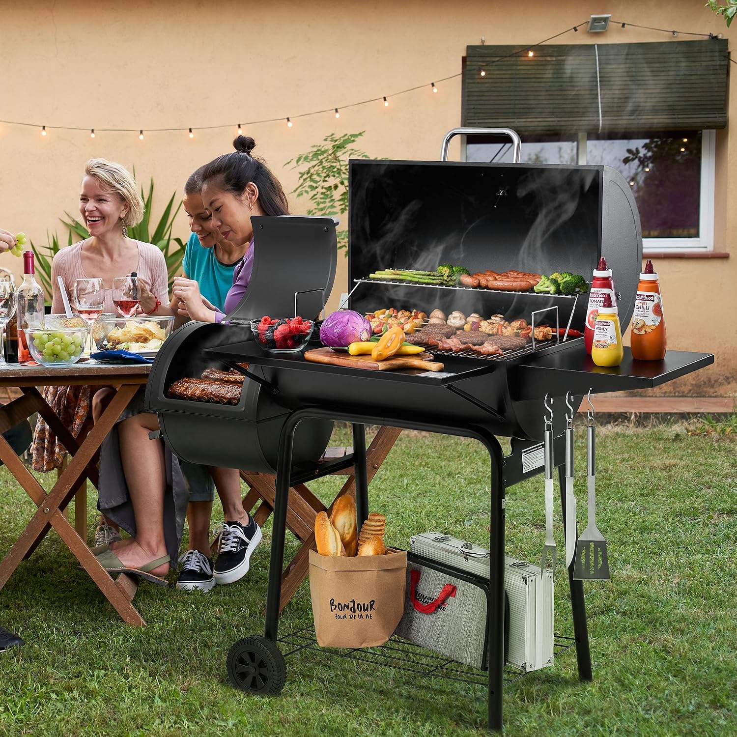 Charcoal Grill with Offset Smoker Large Cooking Area