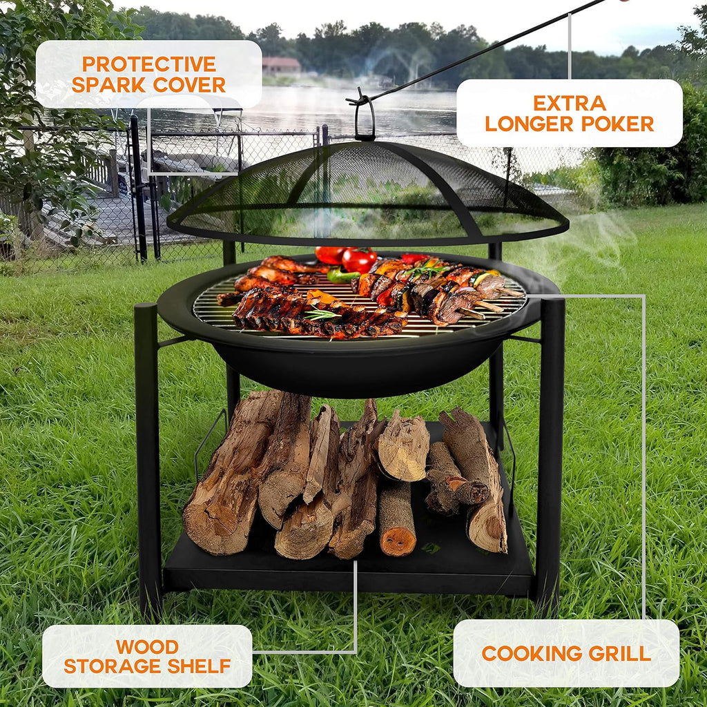 26 Inch 2-in-1 Steel Wood Fire Pit BBQ Grill